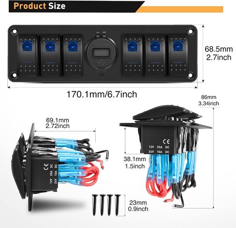 GOOACC 4 Gang Rocker Switch Box 12V SPST ON Off Switch QC 3.0 شاحن USB الفولتميتر مقاوم للماء من الألومنيوم لوحة مفاتيح الروك ملصقات توهج ليلي للقوارب والسيارات والشاحنات RVs، ضمان لمدة عامين in Saudi Arabia