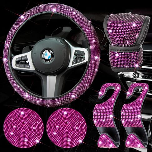 6 Pieces Purple Car Interior Decor Set, Steering Wheel Cover for Women with Rhinestone Cup Coasters in Saudi Arabia