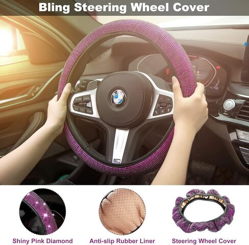 مجموعة داخلية للسيارة أرجوانية مكونة من 6 قطع، غطاء عجلة القيادة للنساء مع قواعد أكواب من حجر الراين، خطافات مسند رأس مقعد السيارة اللامعة، غطاء عجلة قيادة ماسي مناسب عالمي 14.5-15 بوصة in Kuwait