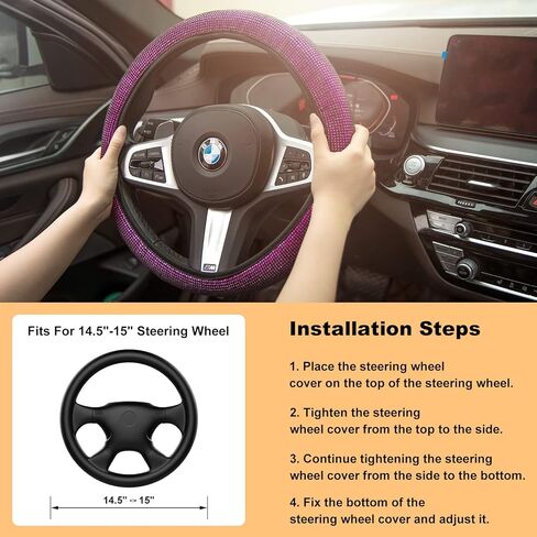 6 Pieces Purple Car Interior Decor Set, Steering Wheel Cover for Women with Rhinestone Cup Coasters in Saudi Arabia