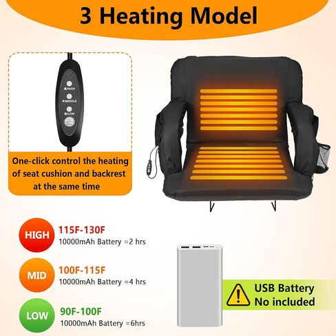 Suteck 25" Heated Stadium Seats for Bleachers with Back Support, Heated Stadium Chair for Outdoor Sport Events, 6 Reclining Positions, 3 Heat Mode, 5 Pockets 2pcs（No Include USB Power Bank） in Saudi Arabia