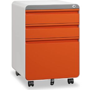 Dripex 3 Drawer File Cabinet, Metal Filing Cabinets with Lock Wheels & Hanging Rail for A4/Legal/Letter File, Anti-tilt Under Desk Design, Lockable Rolling Mobile File Cabinet for Home Office (Orange)