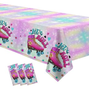 Roller Skating Party Tablecloth Supplies for Girl, 3 Pack Disposable Pink Pastel Let's Roll Skate Party Decorations Table Cover, 54in x 108in