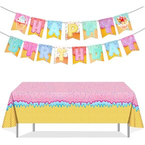 PHOGARY Ice Cream Tablecloth Ice Cream Party Decorations with Happy Birthday Banner Birthday Decorations for Girls Disposable Rectangular Plastic Table Cover