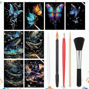8 Sheets Glow in The Dark Scratch Art Butterfly Whale Scratch Off Art Engraving Painting Scratchboard Rainbow Scratch Art Paper for Adults Kids