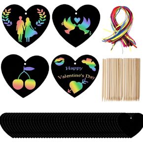 Naturahand 50 Rainbow Scratch Paper with 10 Wooden Scratch Sticks and 50 Red String, Heart Shaped Scratch Off Cards for Valentine DIY Decorations and Art Party Favors(H-1)