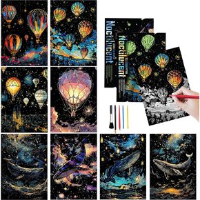 Scratch Art 8 Sheets12 x 8.2 Inches Rainbow Scratch Paper with 6 Paint by Scratch Tools（Hot Air Balloon & Whale）
