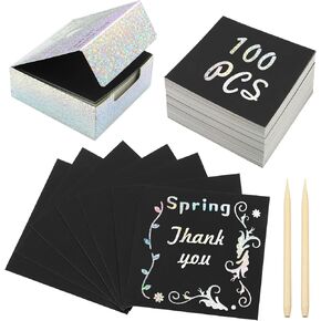 100 PCS Mini Rainbow Scratch Notes Art,Silver Glitter Scratch Paper,DIY Art Craft for Students Classroom Activities Birthday Party Games(3.3"x3.3")