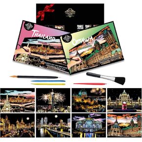 8 Sheets Rainbow Scratch Art City Scapes of USA Europe Scratch Paper Foil Art for Adults (A4) Colorful Sketches Scratch Off Coloring Book Gift for Travel Lovers Family Friends （USA and Europe Series）