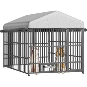 HOOBRO Outdoor Dog Kennel with Cover, 6.6 x 6.6 x 6.4 ft Dog Kennel Outside with Waterproof Roof and Rotating Feeding Bowls, Heavy-Duty Large Cage Enclosure, Dog Playpen Fence, Black BK220GW03