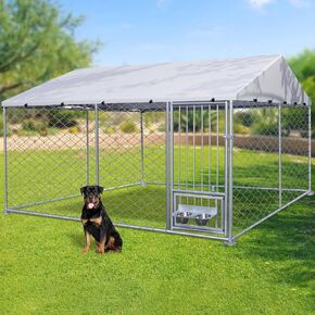 Rovibek 10 '× 10' في الهواء الطلق الكلب مع سقف ، بيت الكلب في الخارج ، سياج الكلاب الشاقية ، بيوت الكلاب الكبيرة في الهواء الطلق مع 2 أوعية من الفولاذ المقاوم للصدأ وغطاء مقاوم للماء بالماء