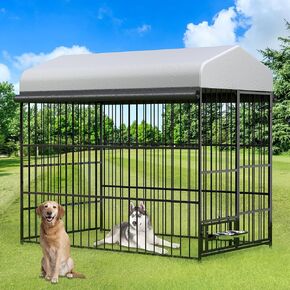 Rovibek Outdoor Dog Kennel, Outside Dog Kennel with Roof, Dog Kennels Outside, Heavy Duty Dog Enclosure with 2 Rotating Bowls, Large Dog Kennels Outdoor