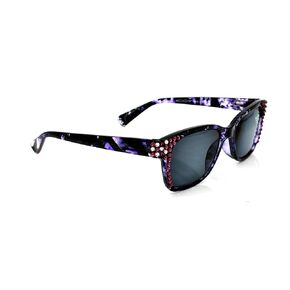Sierra, Full Reader sunglasses, Retro Square Purple Leopard Sun Readers with Light + Dark Amethyst Swarovski Crystals. Fully Magnified Readers No Bifocal. NY Fifth Avenue.