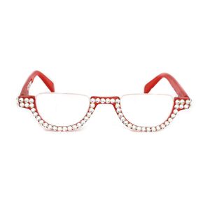 The Half Moon, Crystal Bling Reading Glasses Women Adorned with Clear European Crystals, Red. NY Fifth Avenue.