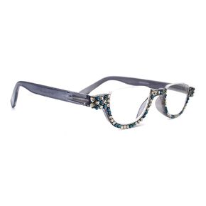 The Half Moon, Grey Bling Women Reading Glasses Adorned with Montana Blue n Black Diamond Genuine European Crystals NY Fifth Avenue.