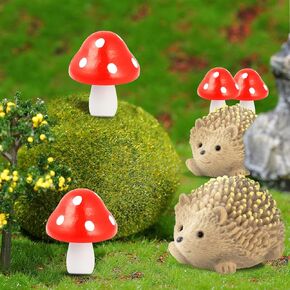 CooBigo 6 Pack Mini Mushroom & Resin Hedgehogs Figurines Micro Wood Mushroom for Fairy Garden Wild Landscape Pots Handmade DIY Decor Accessories