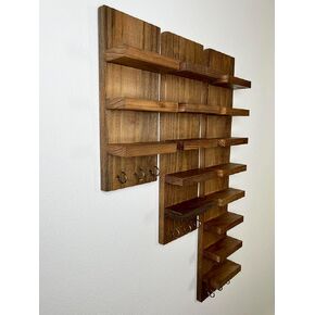 الجرف الشمسي الخشبي مع السنانير الرئيسية | الرف العائم | منظمة المدخل | رف النظارات | التخزين | رفوف مثبتة على الحائط جودة (8 رف + خطافات مفتاح ، الجوز) in Kuwait