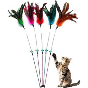 Cat Wand Toy Feather Sticks - 5 Piece Interactive Wands Toy Set with Feathers, Durable Spring Design - Perfect for Engaging Playtime Fun for Kittens and Cats - Cat Toys for Indoor Cats