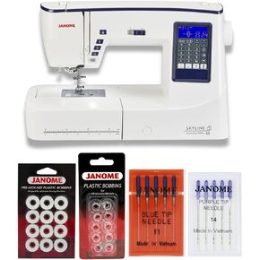 Janome Skyline S3 Anniversary Edition 120 Stitches with LCD Display Sewing Machine (White) Bundle with Needles and Plastic Bobbins (33 Items)