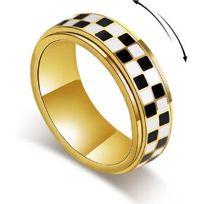 Checkered Fidget Ring for Men - 8mm 18K Gold Plated Stainless Steel Anxiety Spinner Jewelry for Adults, Modern Black and White Checkerboard Roating Ring for Stress Relief Gift for Men Women
