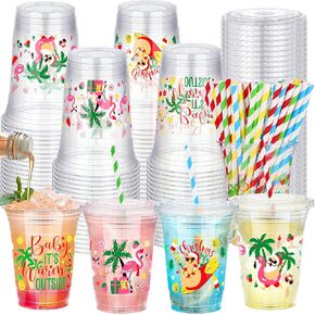 60 Pieces 16 oz Summer Christmas Plastic Cups with Lids & Straws Disposable Hawaiian Luau Cups Tropical Christmas Party Cups for Tiki and Summer Christmas Party