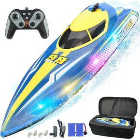 Bezgar Remote Boat for Kids - 2.4 جيجا هرتز قارب RC سريعًا مع مصابيح LED وحقيبة محمولة للمسابح والبحيرات والمياه المالحة ، هدايا ألعاب المياه الصيفية للبنين والبنات 6 7 8-12 سنة