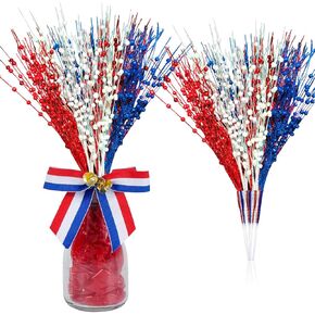 12 Pcs Artificial Patriotic Berry Stem Picks 4th of July White Blue Red Star Picks Faux Floral Berry Spray Branches Memorial Day Independence Day Home Office Vase Decoration