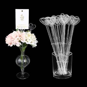 25 PCS Floral Card Holder Picks Plastic Heart Shape Flower Card Holder Stick Plastic Picture Holders for Centerpieces Transparent Floral Picks Cards Clips for Bouquet Wedding Festivals, 9.4 Inch
