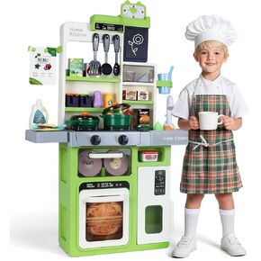 Kids Pretend Kitchen Playset with Electronic Stove, Steam & LED Lights – Interactive Toddler Kitchen Toy with Working Sink, Play Food & Accessories for Girls & Boys 3–8 Years (Green)