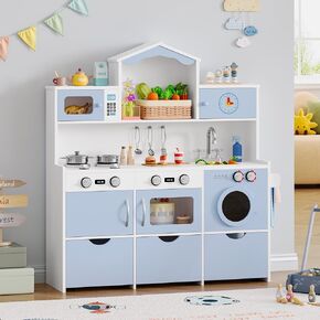 Keyluv Wooden Play Kitchen for Kids and Toddler, Modern Toy Kitchen Set with Plenty of Pretend Play Features and Storage Drawers, Gift for Boys and Girls Ages 3+, Pink
