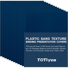 TOTiyea 50 Pack 12 Mil Poly Binding Covers, Sand Texture Binding Presentation Covers, Plastic Binding Covers, Square Corners, Un-Punched (8.5 x 11 Inches, Letter Size, Navy Color)