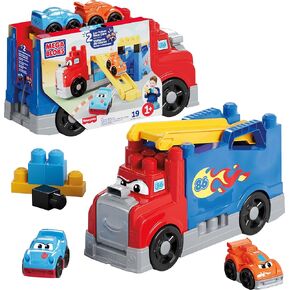 Mega Bloks First Builders Building Building Toy Set ، Build & Race Rig مع 19 قطعة ، سيارتين للسباق والتخزين ، الأحمر ، الذين تتراوح أعمارهم بين 1+ سنوات