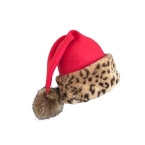 Red Fleece Leopard Trim Santa Hat, Novelty Adult or Teen Size Santa Hat, Christmas Party Hat
