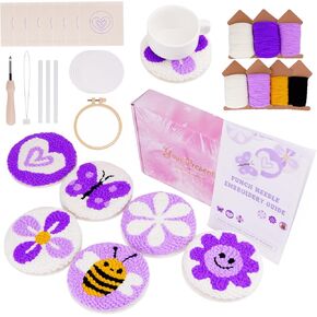 Nuoviyiya Punch Needle Kit for Adults Beginner - Complete Punch Stitching Kits with 6 Patterned Fabrics, Felt, Yarns, Tools and Instructions - Easy Embroidery Coaster Kit for Craft Enthusiasts