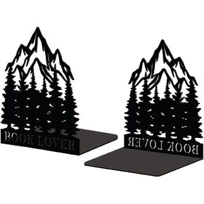 Peacoblue Metal Bookends for Shelves, Modern Decorative Heavy Duty Study Book Support Stoppers for Office, Desk, Shelf, Room 5.3"x4.3"x6.3" Cast Iron Simple Bookends, 1 Pair (Mountains and Forests)