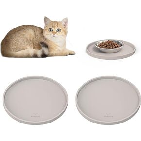 Arespark Pet Silicone Food Mat 2PCS, Nonslip Waterproof Feeding Bowl Mat with Raised Edges for Food and Water Prevent Spills, Round Eating Tray for Dog Cat Puppy Kitten, 8'' x 8''