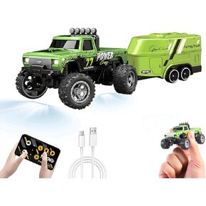 Mini RC Car, 1/64 Scale Mini Remote Control Monster Truck with Trailer, 2.4Ghz & APP Remote Control, Rechargeable Alloy Shell Mini RC Cars with Lights, Speed/Steering Adjustable (Green)