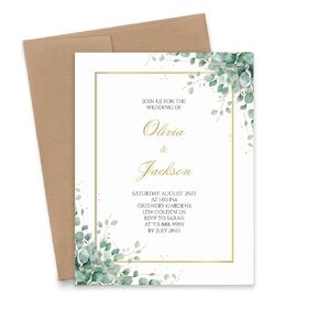 Customized Eucalyptus Wedding Invitations With Envelopes, Elegant Watercolor Greenery Wedding Invites Personalized, Green and Gold Wedding Invitation Cards, Your Choice of Quantity and Envelope Color
