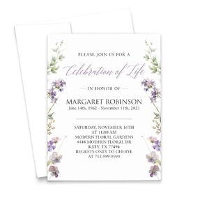 Personalized In Loving Memory Invitations With Border, FLAT Custom Celebration of Life Invitation Cards And Envelopes, Lavender Invitations For Funerals, Your Choice of Quantity and Envelope Color