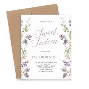 Purple Wildflower Sweet Sixteen Invitation Customized Elegant Sweet Sixteen Invitations Florals, Modern Sweet 16th Birthday Party Invitations, Your choice of Quantity, Info and Envelope Color