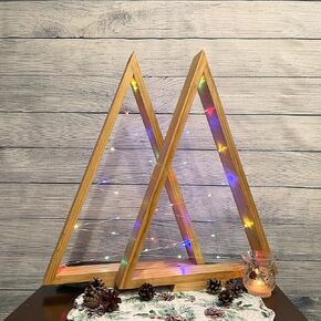 Set of 2 - Handmade Rustic Farmhouse Christmas Trees with Lights, Modern Holiday Home Décor (Medium & Large, Warm White Lights, Natural)