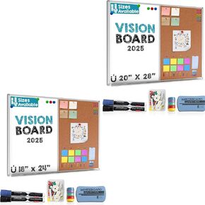 Vision Board Combo Pack – 18x24 & 20x28 Magnetic Whiteboard and Cork Board Set – Dry Erase & Bulletin Boards for Home Office, Vision Planning, Notes & Organization – Includes Accessories