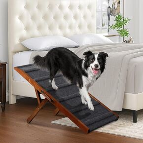 Dog Ramp – Adjustable Wooden Ramp for Dogs to Get on Bed, Sofa, and Couch – Walnut Wood Design for Small and Medium Breeds with Non-Slip Carpet Finish (Gray)