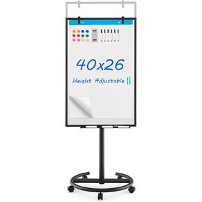 Magnetic Whiteboard,Height-Adjustable Mobile Whiteboard with Round Stand Paper Clips