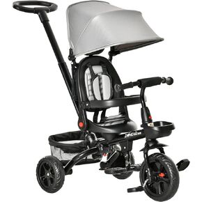 Qaba Kids Tricycle 4 in 1 Trike with Reversible Seat, 2.8'-3.1' Height Push Handle, Canopy, Handrail, Safety Belt, Storage Footrest Brake Clutch, for 1-5 Years Old, Black