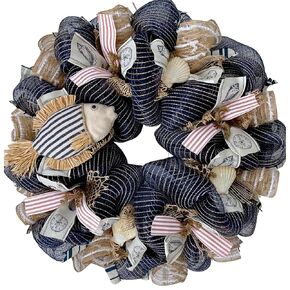 Coastal Summer Wreath Blue and Burlap Striped Fish Available in 24 and 28 inches