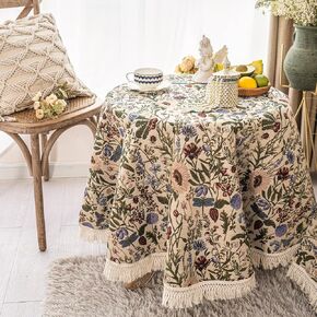 SUTAVIA French Floral Tablecloth Hand-Made Cotton Fabric with Lace Vintage Berry Garden Pattern Tabletop Sofa Cover Blanket for Home Holiday Party Decor (Red Floral, 60" Round)