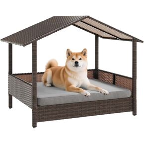 Waleaf Wicker Dog House Outdoor Indoor with Canopy, Elevated Dog Shelter Dog Bed with Cushion for Small/Medium Dogs, Weather Proof Cushion Cover, Cabana for Patio, Deck, Pool, Yard