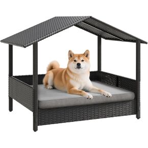 Waleaf Wicker Dog House في الهواء الطلق مع المظلة ، سرير الكلب المرتفع مع الكلاب مع وسادة للكلاب الصغيرة/المتوسطة ، غلاف وسادة إثبات الطقس ، كابانا للفناء ، سطح السفينة ، حمام السباحة in Kuwait