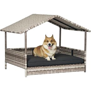 PawHut Wicker Dog House Outdoor with Canopy, Rattan Dog Bed with Water-Resistant Cushion, Raised Dog Bed for Small, Medium Dogs up to 66 lbs, 19.75" in Length, Gradient Gray Wicker & Cushion